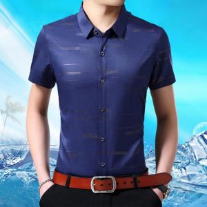 Fashion Hot Sale Men's Short-sleeve Shirts Young Men's Slim Business Shirts Casual All-match stripes Turn Down Collar Sh