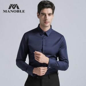 High Quality Men's Dress Shirt Brands New Fashion Regular Fit Shirts Business Long Sleeve with Cufflink Solid Color Navy Blue