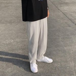 Pleated Straight Pants Men's Fashion Elastic Waist Casual Pants Men Streetwear Loose Ice Silk Trousers Mens Wide Leg Pants S-