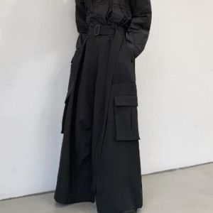 Men Japan Loose Casual Wide Leg Cargo Pants Male Street wear Hip Hop Punk Gothic Harem Belt Trousers Kimono Straight Skirt Pants