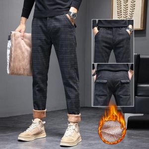 2021 New Mens Winter Fleece Warm Pants Men Korean Casual Slacks Slim Warm Thick Pants for men fashion Gray Black Trousers Male