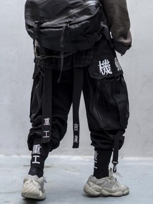 Japanese Streetwear Techwear Cargo Pants For Men Baggy Wide Leg Black Jogger