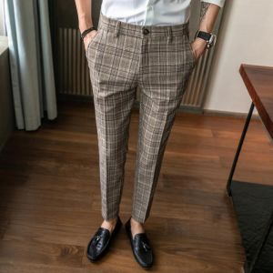 Korean Men's Dress Pants Fashion Plaid Stripe Casual Slim Fit Office Pants Pantalon Classic Retro Plaid Suit Pant Wedding Pan