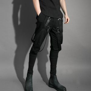 Men multi pockets hip hop punk harem pants ribbons street wear man casual joggers elastic waist cargo trousers techwear