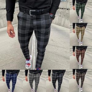 Men's Casual Pants Plaid Social Slim Fit Black Trousers Zipper Mid Waist Skinny Business Office Work Party Male Summer Stretc