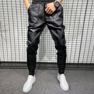 New Winter Thick Warm PU Leather Pants Men Clothing 2021 Simple Big Pocket Windproof Casual Motorcycle Trousers Black Plus Size