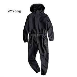 Summer Men Jumpsuit Hooded Long Sleeve Multi-Pocket Beam Feet Overalls Streetwear Clothing Cargo Pants Hip Hop Black  Trousers