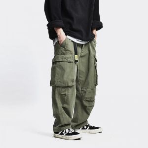 Safari Style Multi Pocket Cargo Pants Men Loose Work Trousers Mens Streetwear Casual Pants