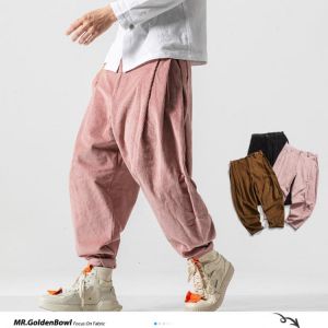 MrGoldenBowl Men Corduroy Harem Pants 2020 Autumn Chinese Style Pants Mens Solid Black Sweatpants Male Loose Trousers Oversize