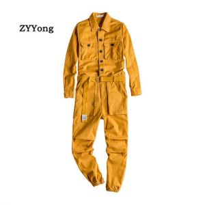 Men's Jumpsuit Lapel Long Sleeve Multi-Pocket Ankle Length Beam Feet Overalls Fashion Black Yellow Freight Trousers  Cargo Pa