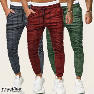 Casual Men Plaid Pants Gym Long Sport Pants Stretch Slim Trousers Running Joggers Gym Sportpants