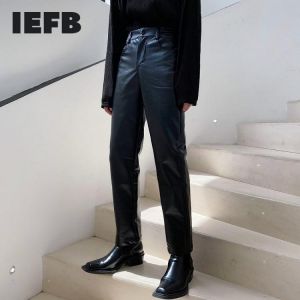 IEFB Simple Design PU Leather Pants For Men Cool Straight Ankel-length Patns Male Black Elastic Waist Streetwear Trousers 9Y4422