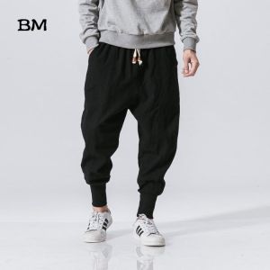 Japanese cotton flaxen trousers ankle banded pants men loose harem Chinese style large bloomers linen knickerbockers