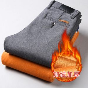 Winter Mens Fleece Thick Pants Men Fit Formal Trousers High Quality Brand Business Black Gray Warm Slim Long Casual Pants Men