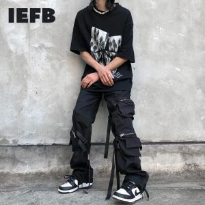 IEFB Fashion Design Black Cargo Pants For Men 2021 Autumn New Hip Hop Streetwear Drawstring Elastic Waist Causal Trousers 9Y5519
