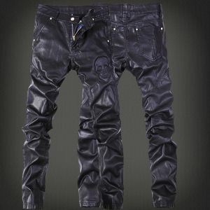 Fashion Brand Embroidered Leather Pants Men's Trousers DJ Club Leather Pants Jogging Cycling Locomotive Men Zipper Leather Pa