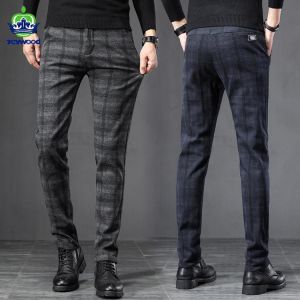 2021 Autumn Winter England Plaid Thick Work Stretch Pants Men Business Fashion Slim Fit Grey Casual Pant Male Brand Trousers 38