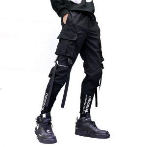 Hip Hop Men Ribbons Cargo Pants Fashion Harajuku 2020 New Elastic Waist Casual Streetwear Mens Joggers Trousers Black