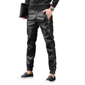 TSINGYI Fashion Moto Elastic Waist Faux Leather Pants Men Joggers Zipper Pockets Black Streetwear Slim Pencil Pant Men Clothing