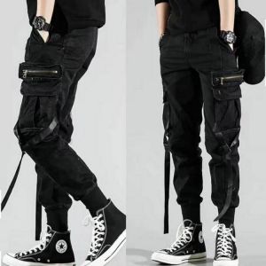 Men's Side Pockets Harem Pants 2021 Autumn Hip Hop Casual Ribbons Design Male Joggers Trousers Fashion Streetwear Pant Black