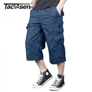 TACVASEN 100% Cotton Below Knee Length 3/4 Long Shorts Men's Tactical Capri Pants Multi Pocket Summer Twill Work Cargo Pants 