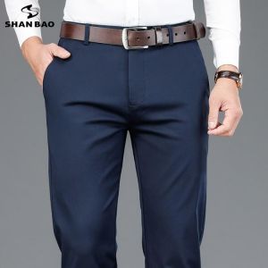 SHAN BAO bamboo fiber fit straight high waist trousers 2021 autumn winter brand classic embroidery men's business casual pant