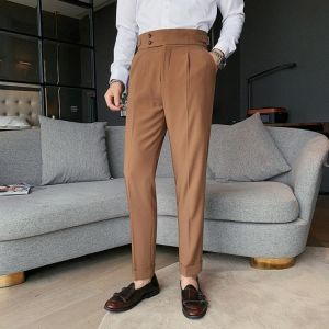 2021 New Design Men High Waist Trousers Solid England Business Casual Suit Pants Belt Straight Slim Fit Bottoms White Clothing