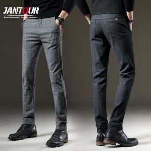 Brand Men's Plaid Pants Casual Elastic Long Trousers Cotton Gray Black Blue Skinny Work Pant for Male Classic Clothing Joggin