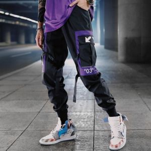 Hip Hop Ribbons Cargo Pants Men Joggers Pants Streetwear Men 2021 Fashion Mens Elastic Waist Pant Ribbons Cotton Black W117