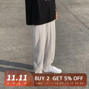 Privathinker Pleated Straight Pants Men's Elastic Waist Casual Pants Men Streetwear Loose Ice Silk Trousers Mens Wide Leg Pan