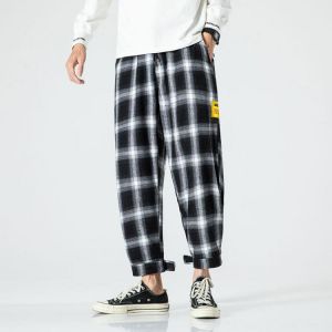Men's Joggers Leggings Plaid Pants Man Black Comfortable Pant Casual Streetwear Loose Trouser Japanese Trendy Pants Polyester