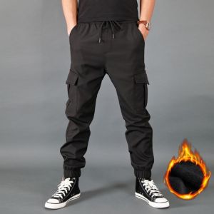 Puimentiua New Winter Men Pants Thick Fleece Joggers Multi Pocket Loose Sport Trousers Male Casual Warm Sweatpants Cargo Pant