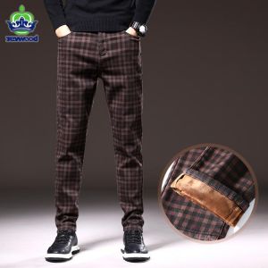Winter Men's Plaid Warm Fleece Pants High Quality 98%Cotton Stretch Classic Clothing Fashion Slim Fit Casual Trousers Plus Si