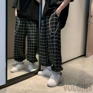 2021 Black Plaid With Chain Wide Leg Pants Harem Pants Streetwear Men 2021 Summer Hip Hop Casual Trousers Fashion Male Pants