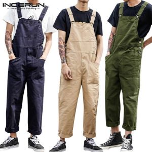 Fashion Men Bib Pants Solid Jumpsuits Zipper Streetwear 2021 Joggers Multi Pockets Casual Suspenders Cargo Overalls Men INCERUN