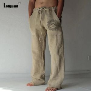 Plus Size 3xl Mens Loose Pants 2021 Summer Casual Linen Pants Male Fashion Print Trouser Men Patchwork Drawstring Leisure Pant
