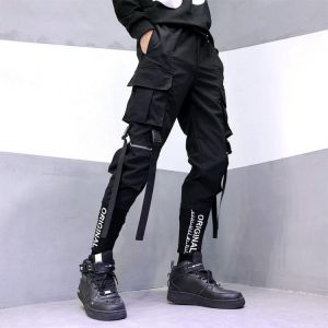 GODLIKEU Streetwear Ribbons Pockets Harem Pants Men Spring Summer Casual Sweatpants Hip Hop Slim Fit Black Pencil Joggers