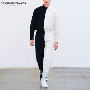 Fashion Men Jumpsuits Patchwork Joggers Lapel Chic Long Sleeve Buttons Rompers Streetwear Men Cargo Overalls Pants S-5XL INCERUN