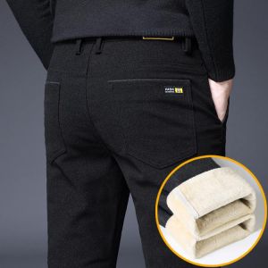 Plus Velvet Thick Warm Straight Slim Casual Pants 2021 Winter New Brand Men's Micro-elastic Fashion Trousers Black Gray Blue