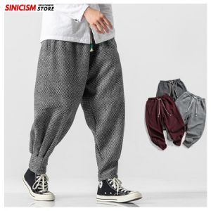 MrGoldenBowl Men Winter Thicken Wool Harem Pants Men's Chinese Style Warm Oversize Trousers Male 2021 Japan Casual Plaid Pant