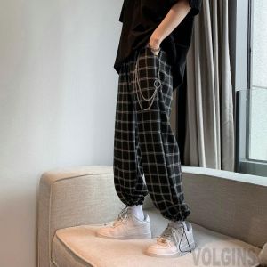 Plaid With Chain Wide Leg Pants Harem Pants Streetwear Men 2021 Summer Hip Hop Casual Trousers Fashion Male Pants
