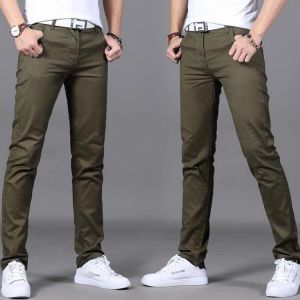 2019 Brand Men's Spring and summer 98% cotton Pants men Business Slim Elastic Casual black Khaki Fit Straight pant trousers m