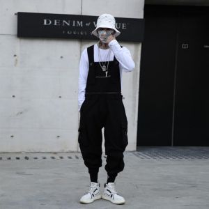 Autumn men's work clothes suspenders hair stylist dark functional casual pants teenagers loose Hip Hop Pants