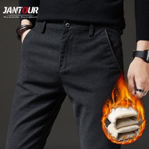 Pants Men Winter Fleece Casual Pants Men's 2021 New Business Fashion Stretch Warm Velvet Black Gray Blue Trousers Big Size 28