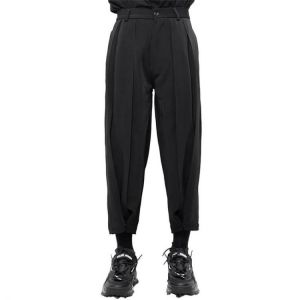Men's Casual Pants Short Leg Pleated Pants Button Zipper Warrior Pants Dark Black Straight Tube Loose Large Pants