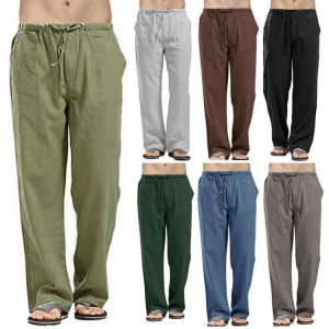Mens Summer Casual Cotton Linen Loose Drawstring Yoga Pants Trousers Elasticated Pocket Pants