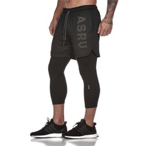 New FAKE 2 IN 1 Men's Calf-Length Pants Gyms Fitness Tight Elastic Pants Quick-drying Leggings Men Pants