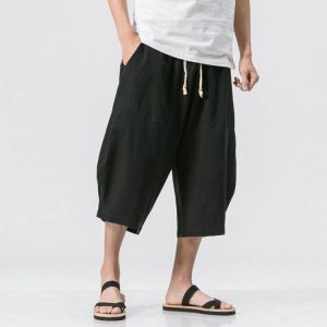 Chinese Style Summer Men Linen Pants 2021 Men Wide Leg Trousers Male Drop Crotch HipHop Man Joggers Calf-Length Pants Track Pant