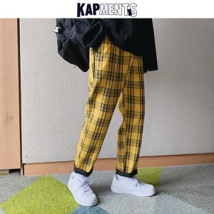 KAPMENTS Streetwear Yellow Plaid Pants Men Joggers 2021 Man Casual Straight Harem Pants Men Korean Hip Hop Track Pants Plus Size