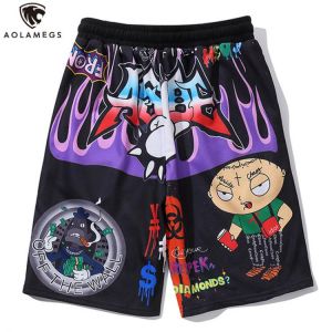 Aolamegs Shorts Men Cartoon Graffiti Print Bermuda Beach Knee-length Shorts Hip Hop Elastic Waist High Street Summer Sweatpants